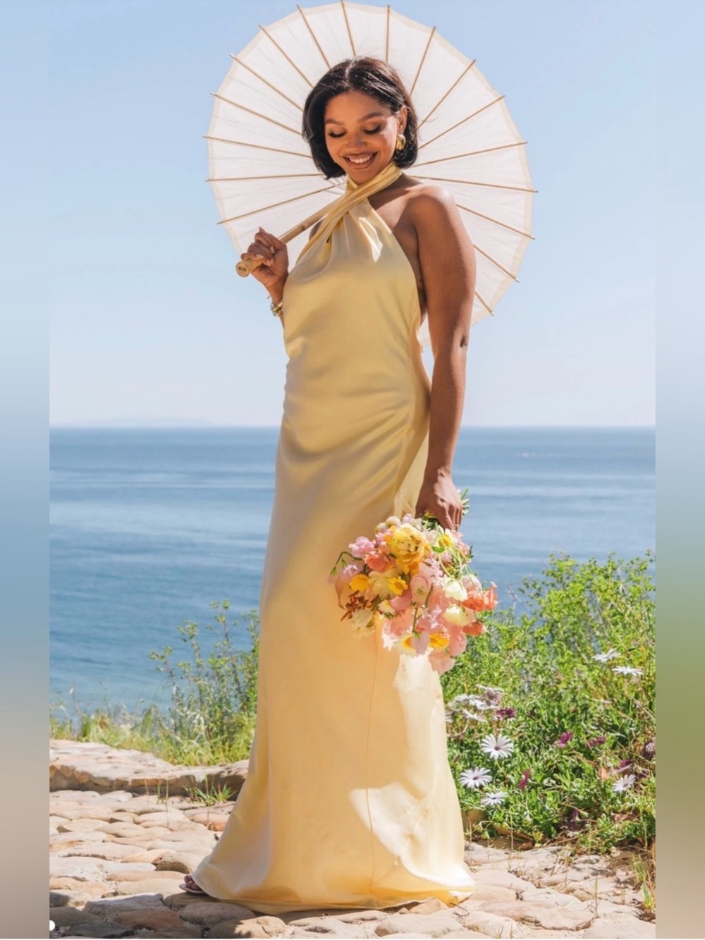 Show Me Your Mumu Jasmine Halter Maxi Dress Womens Medium Pale Yellow Luxe Satin